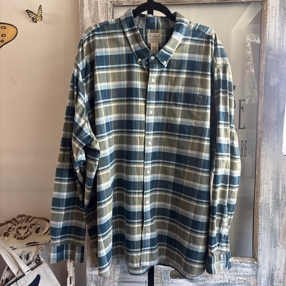 Men’s L.L. Bean Long Sleeve Button Down Blue & Green Plaid Shirt Size 3XL